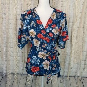 Gibson Blue Floral Wrap Blouse Wide Sleeves New
